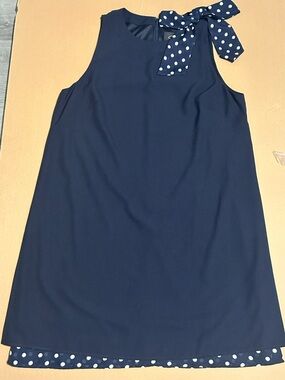 Sleeveless Navy Midi Dress with Polka Dot Tie
